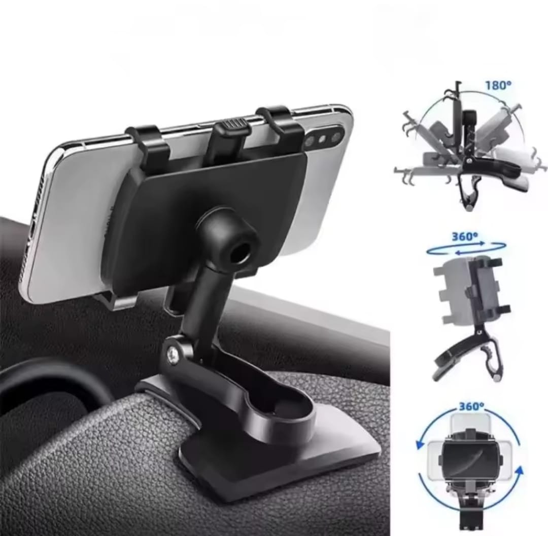 Dashboard Car Phone Holder ABS – 360° Rotatable Mobile Phone Sun Visor & Rear View Mirror Mount Support for Smartphones